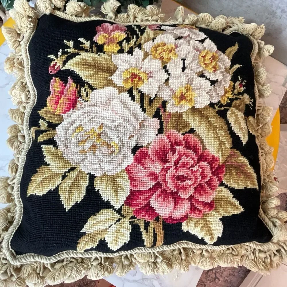 Needlepoint pillow French Chic Paris Apartment Floral black background must see